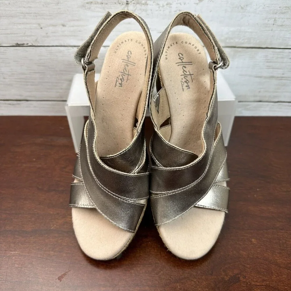Clarks Collection Women's Espadrille Wedge Sling Back Heels Size 7.5 M Rope Gold